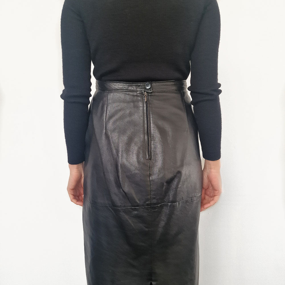 Black Leather Midi Skirt -UK 10