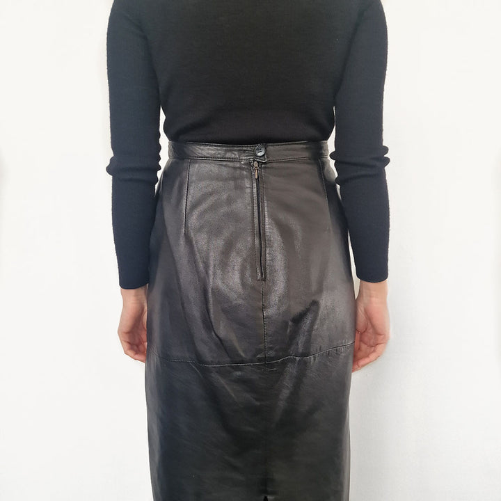 Black Leather Midi Skirt -UK 10