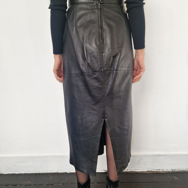 Black Leather Midi Skirt -UK 10