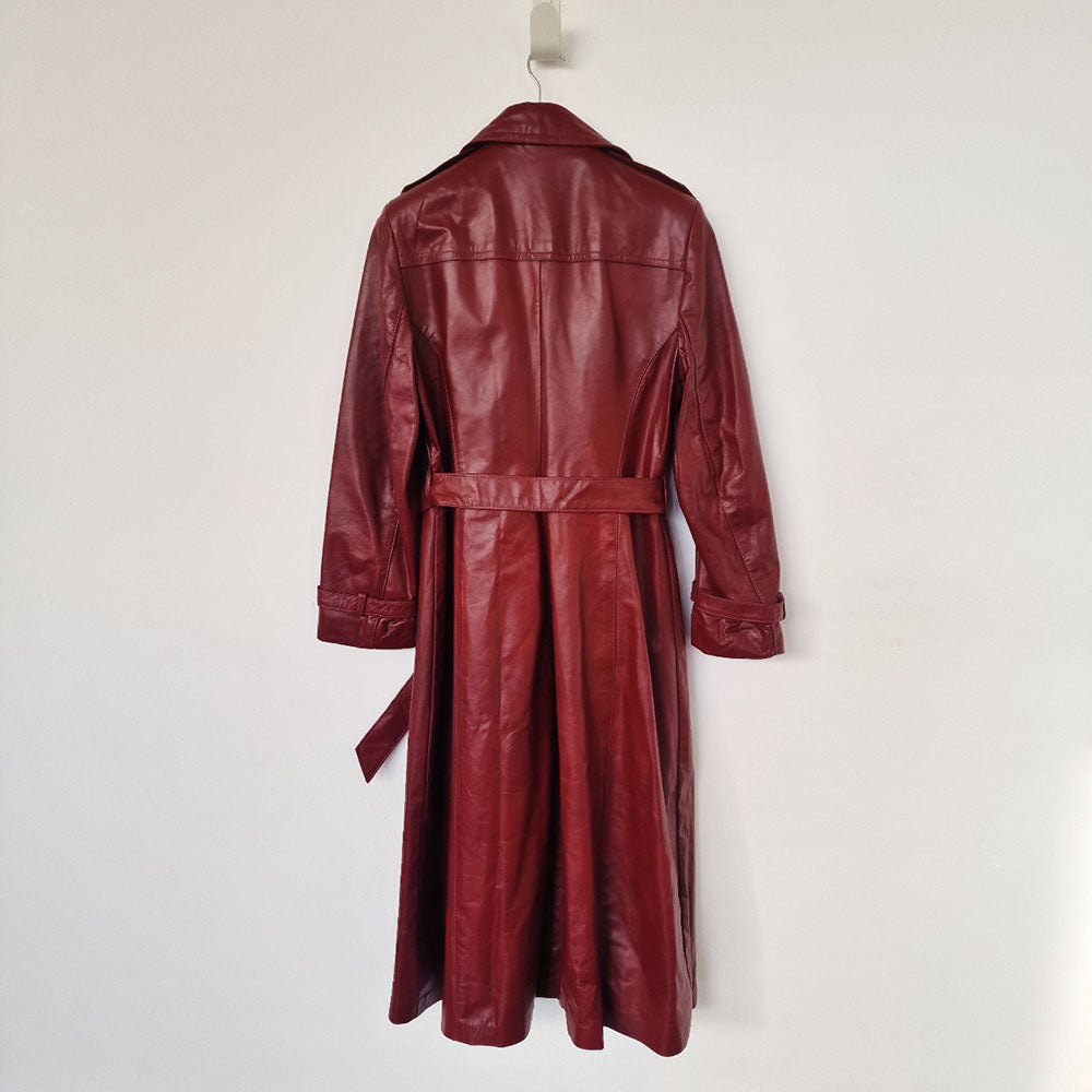 Burgundy Leather Belted Double Breasted Trench Coat - UK 8-10