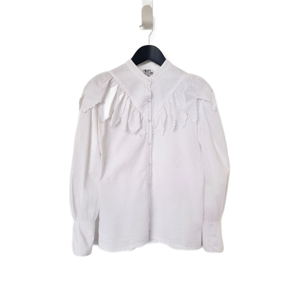 White Cotton Blouse with Frill Bib - UK 8-10