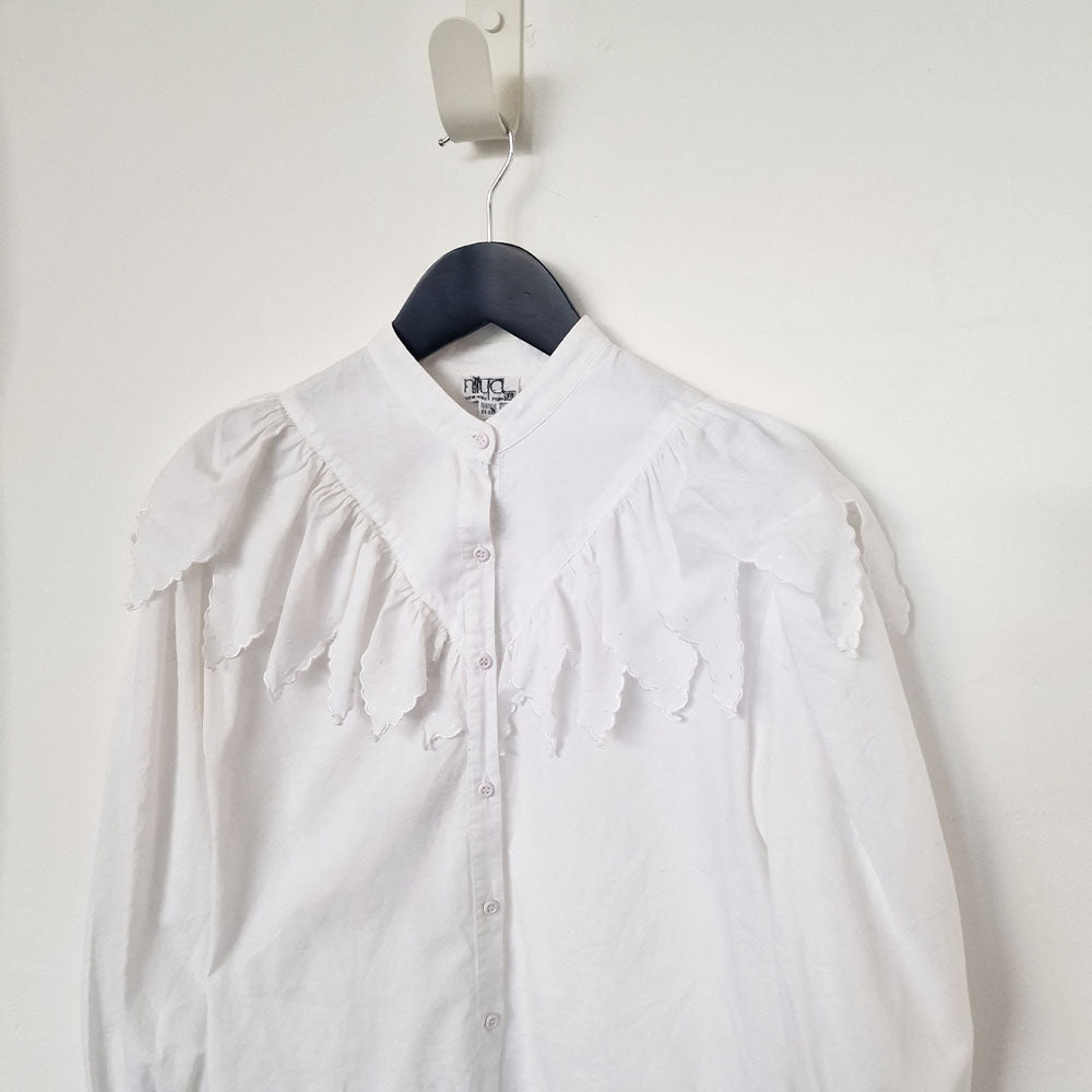 White Cotton Blouse with Frill Bib - UK 8-10