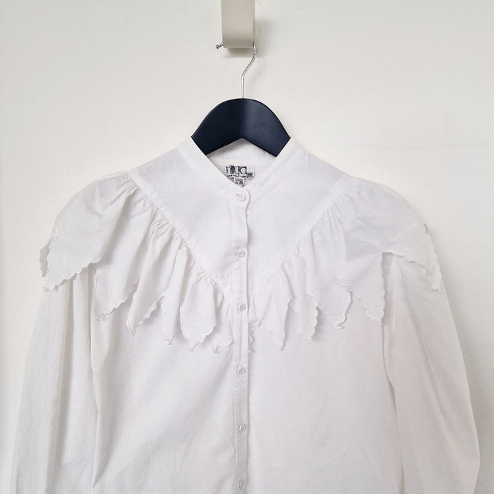 White Cotton Blouse with Frill Bib - UK 8-10