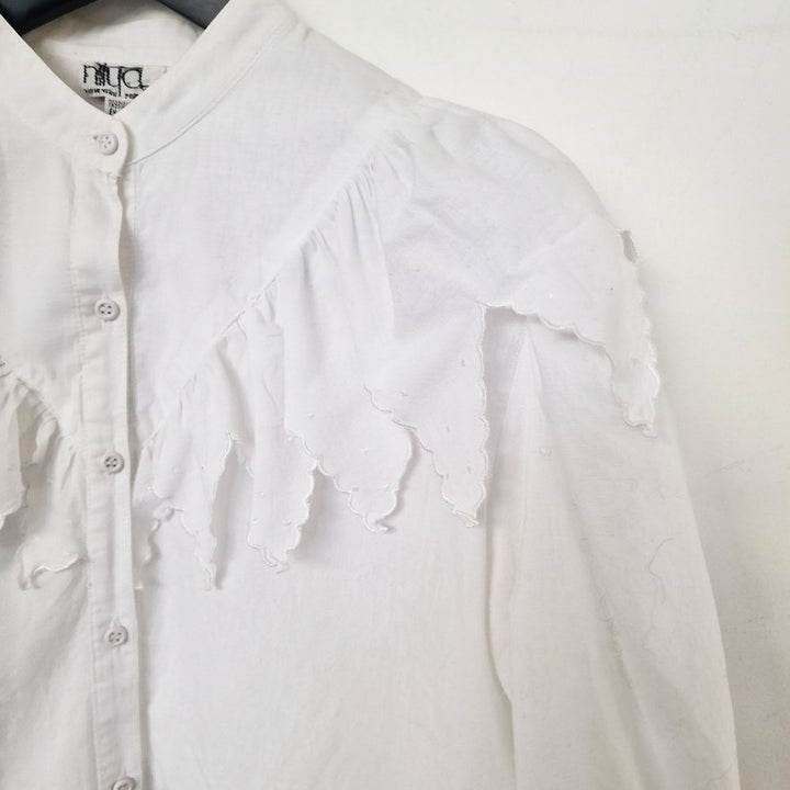 White Cotton Blouse with Frill Bib - UK 8-10