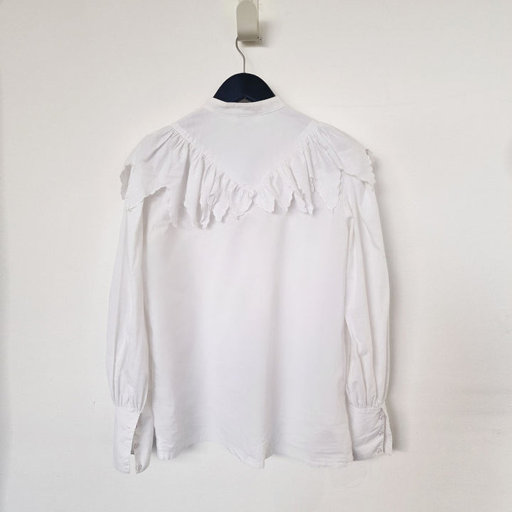 White Cotton Blouse with Frill Bib - UK 8-10