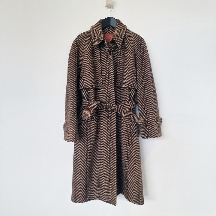 Aquascutum Herringbone Brown Wool Trench Coat - UK 10-12