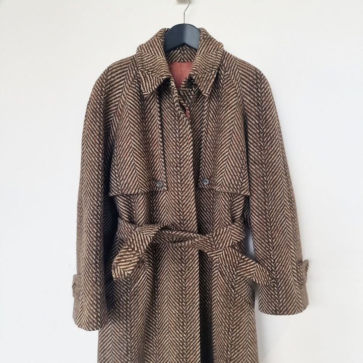 Aquascutum Herringbone Brown Wool Trench Coat - UK 10-12