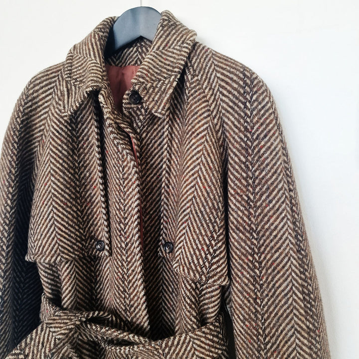 Aquascutum Herringbone Brown Wool Trench Coat - UK 10-12