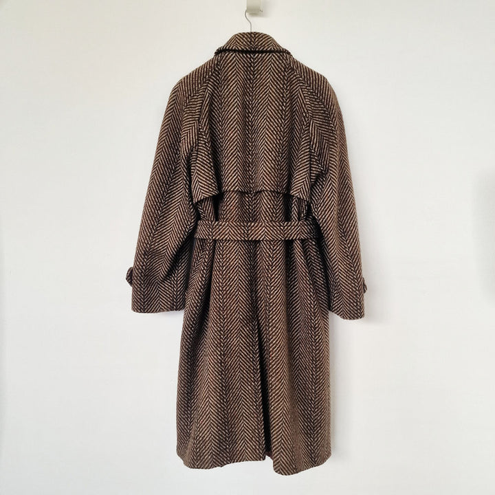 Aquascutum Herringbone Brown Wool Trench Coat - UK 10-12