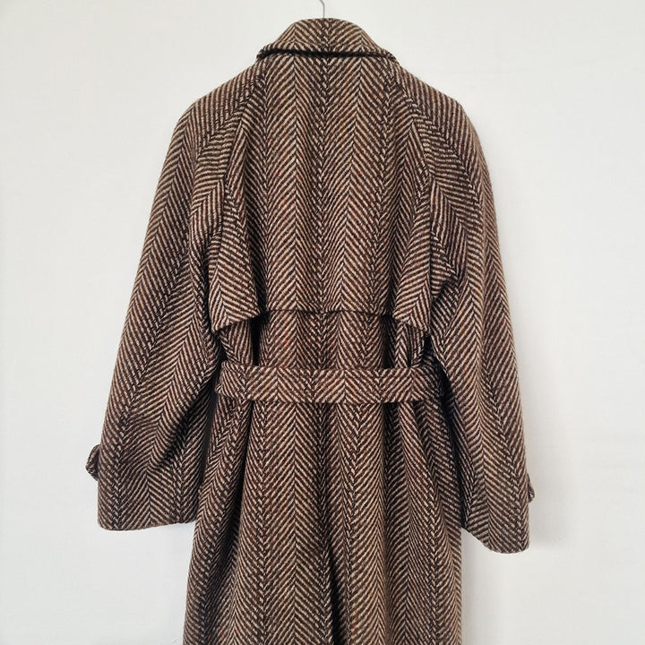 Aquascutum Herringbone Brown Wool Trench Coat - UK 10-12