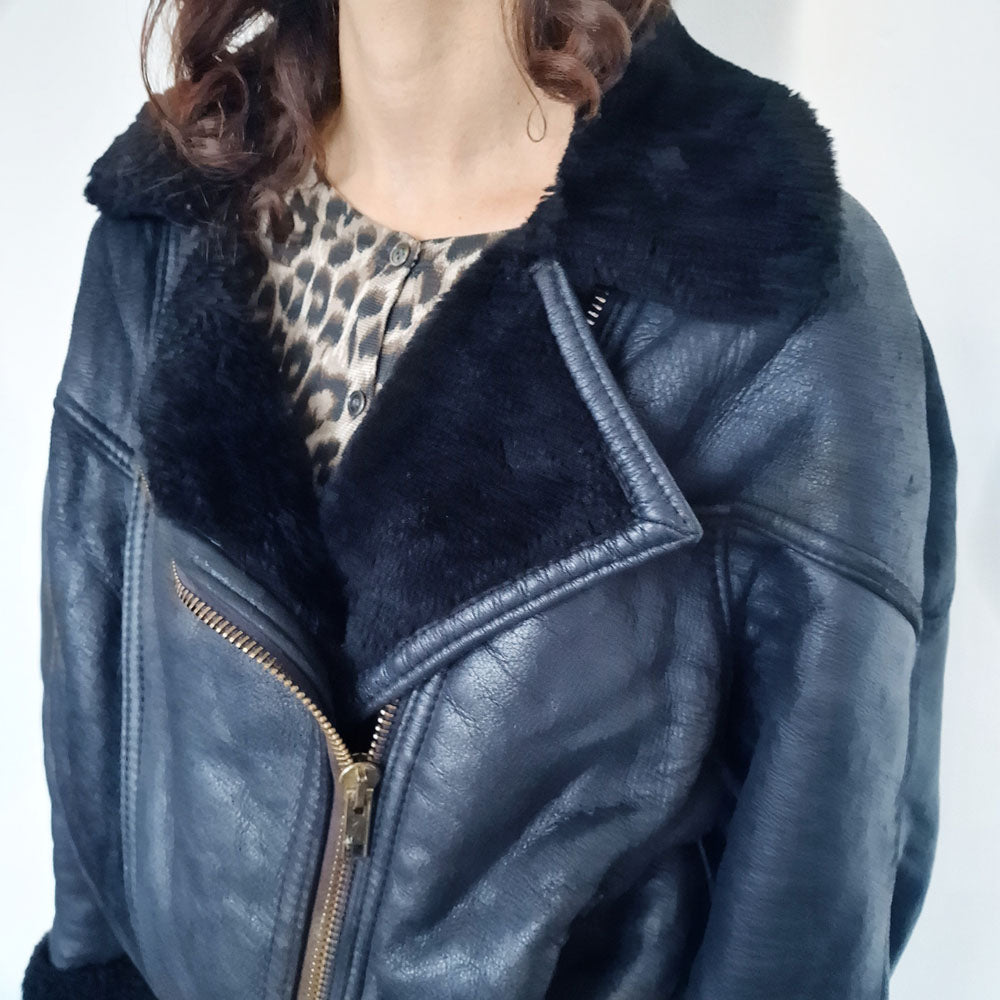 Black Shearling Aviator Jacket - UK 8-12