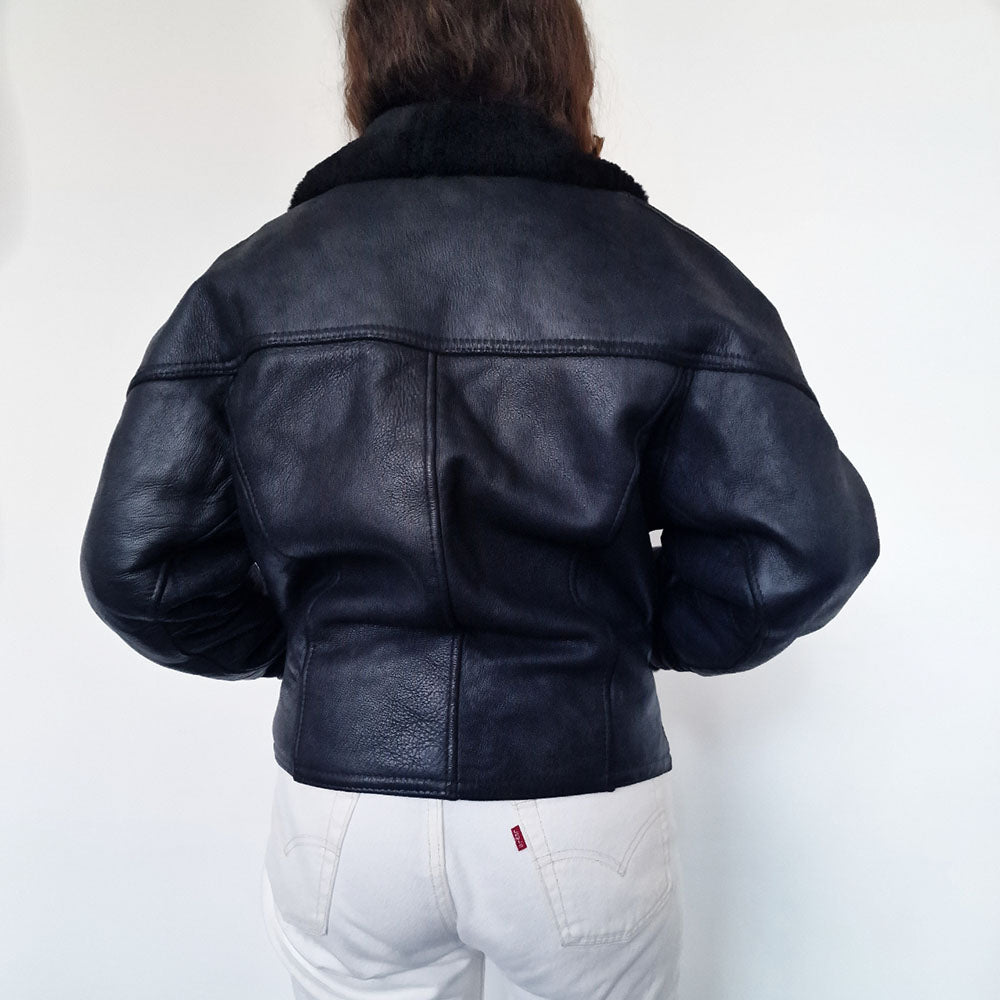 Black Shearling Aviator Jacket - UK 8-12