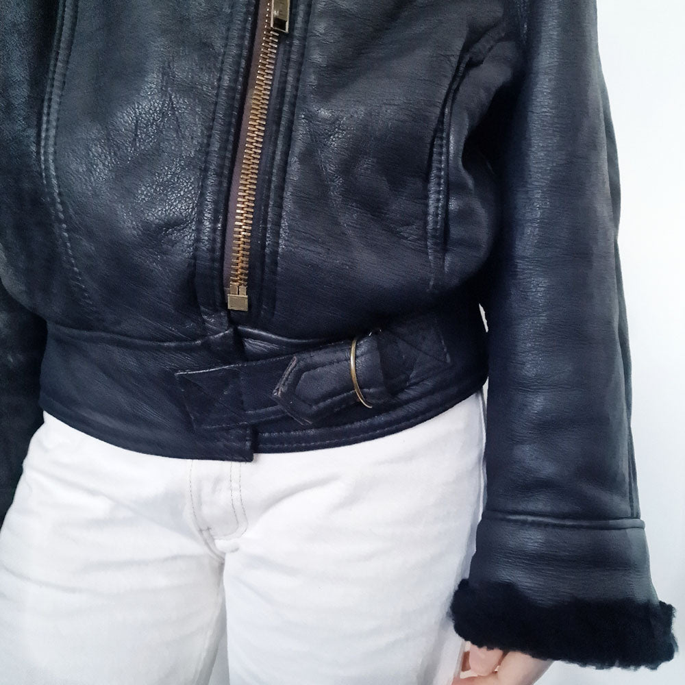 Black Shearling Aviator Jacket - UK 8-12