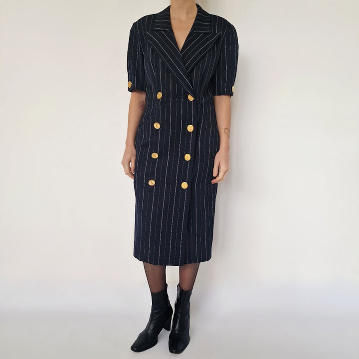 YSL Navy Pinstripe Short Sleeve Blazer Dress - UK 10