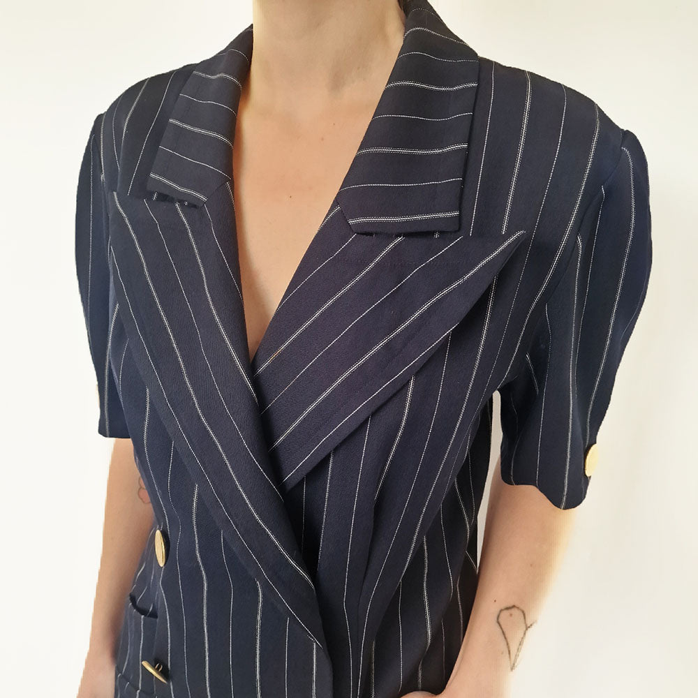 YSL Navy Pinstripe Short Sleeve Blazer Dress - UK 10