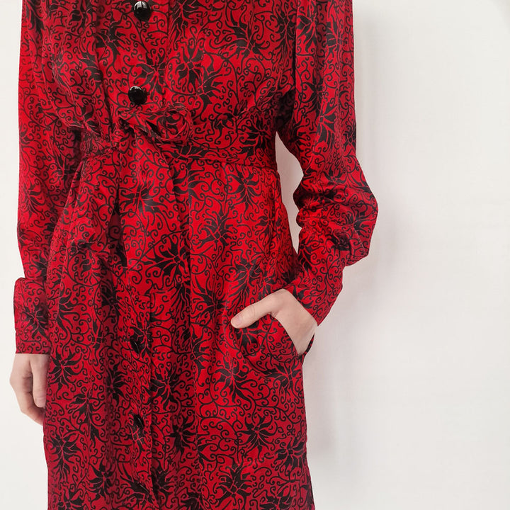 YSL Belted Red Printed Silk Dress - UK 10-12