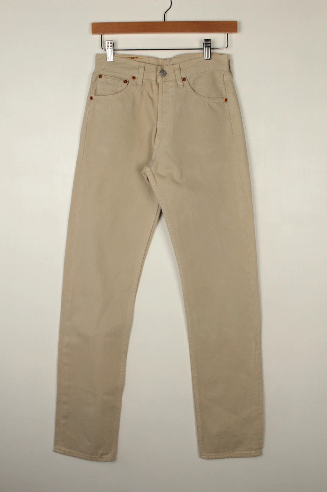 Levi's beige straight jeans with button fly and vintage 501 label, made in France.