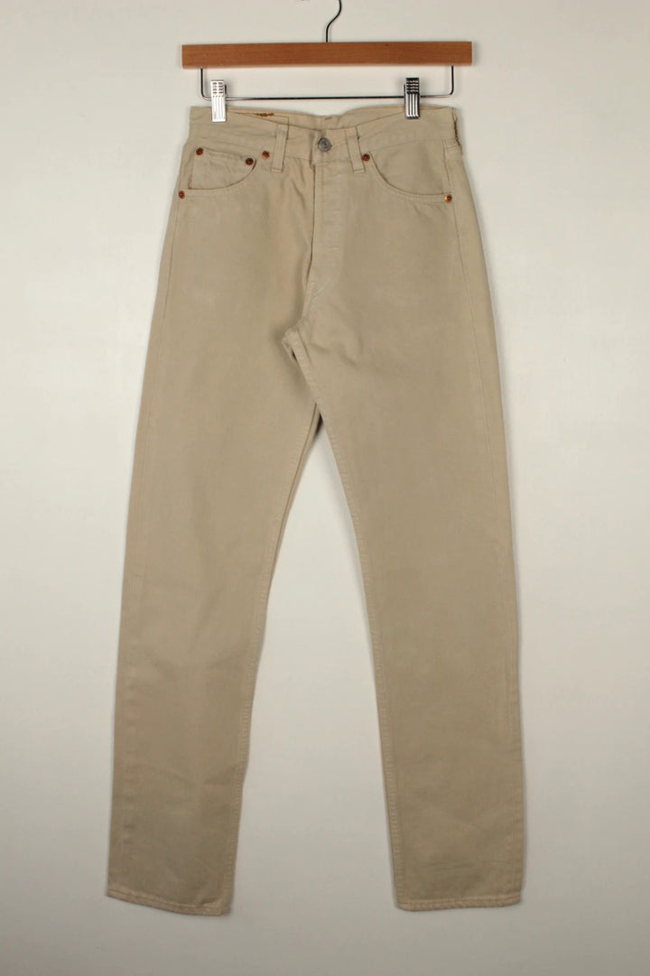 Levi's beige straight jeans with button fly and vintage 501 label, made in France.