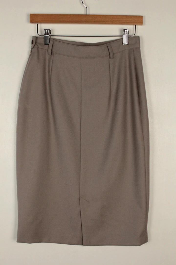 Vintage Dressing beige tailored pencil skirt high-waisted 100% virgin wool with pressed pleats.