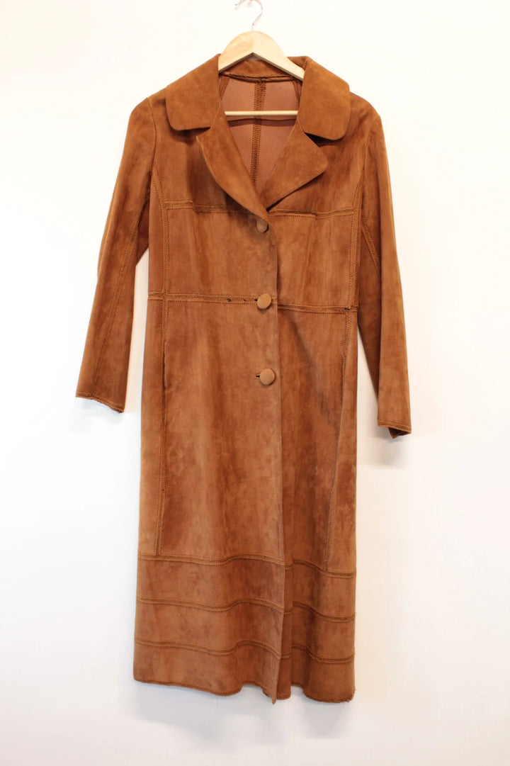 Suede tan brown trench coat with full-length design and premium satin lining.
