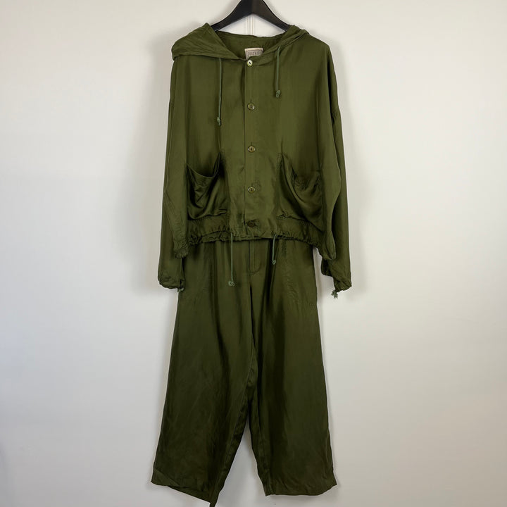 khaki green silk two piece tracksuit - M
