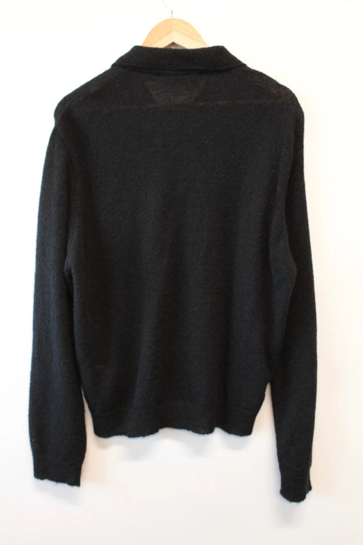 Our Legacy black mohair cardigan with classic collar and tonal buttons.