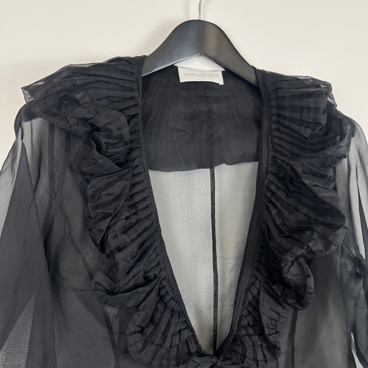 black sheer tie frill blouse - S