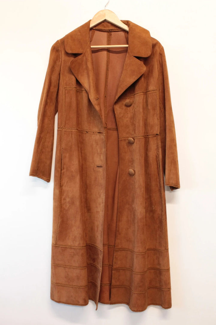 Suede tan brown trench coat with full-length design and premium satin lining.