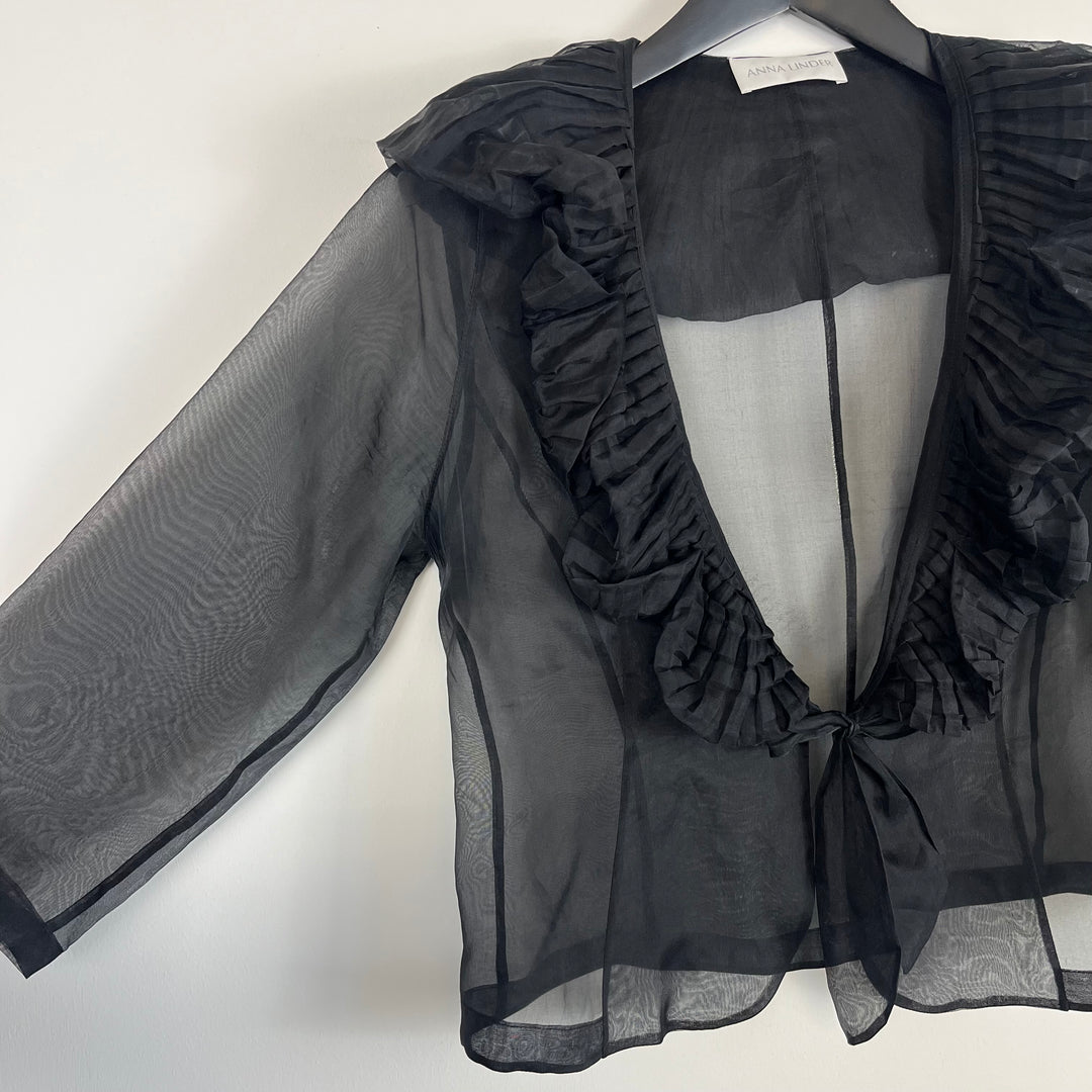 black sheer tie frill blouse - S
