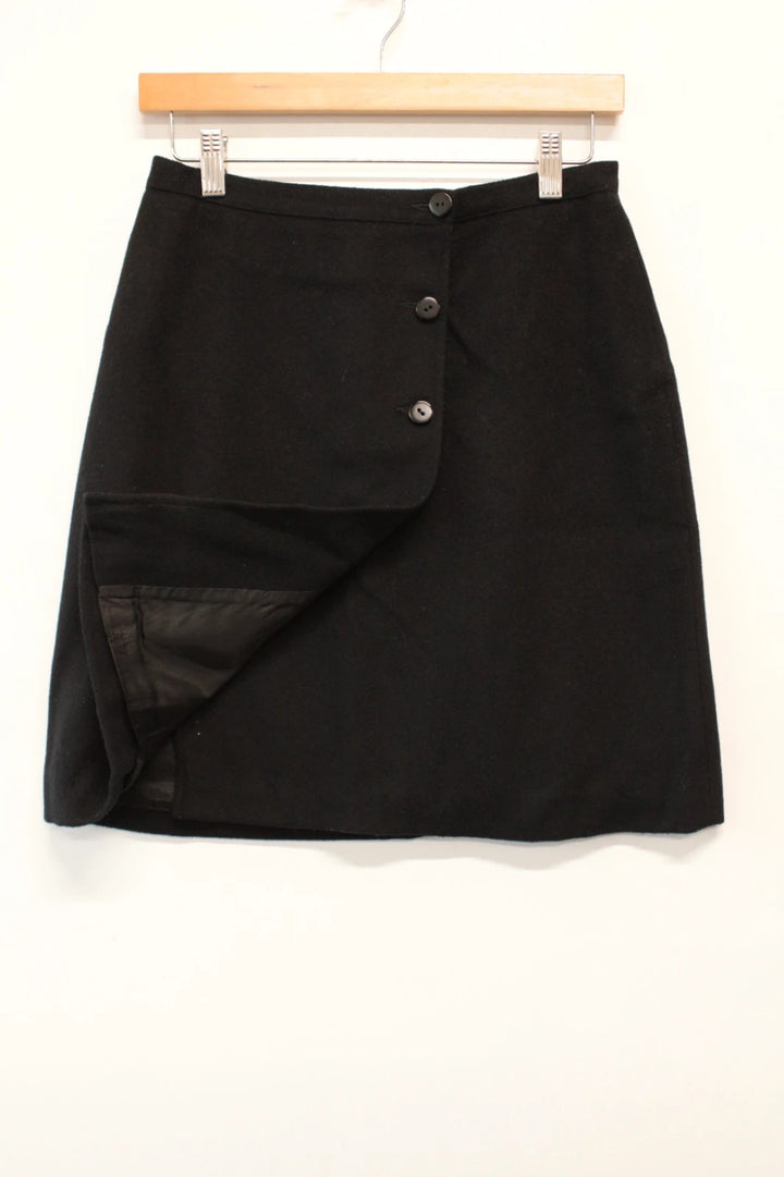 Marella black wool mini skirt tailored button front asymmetric wrap design.