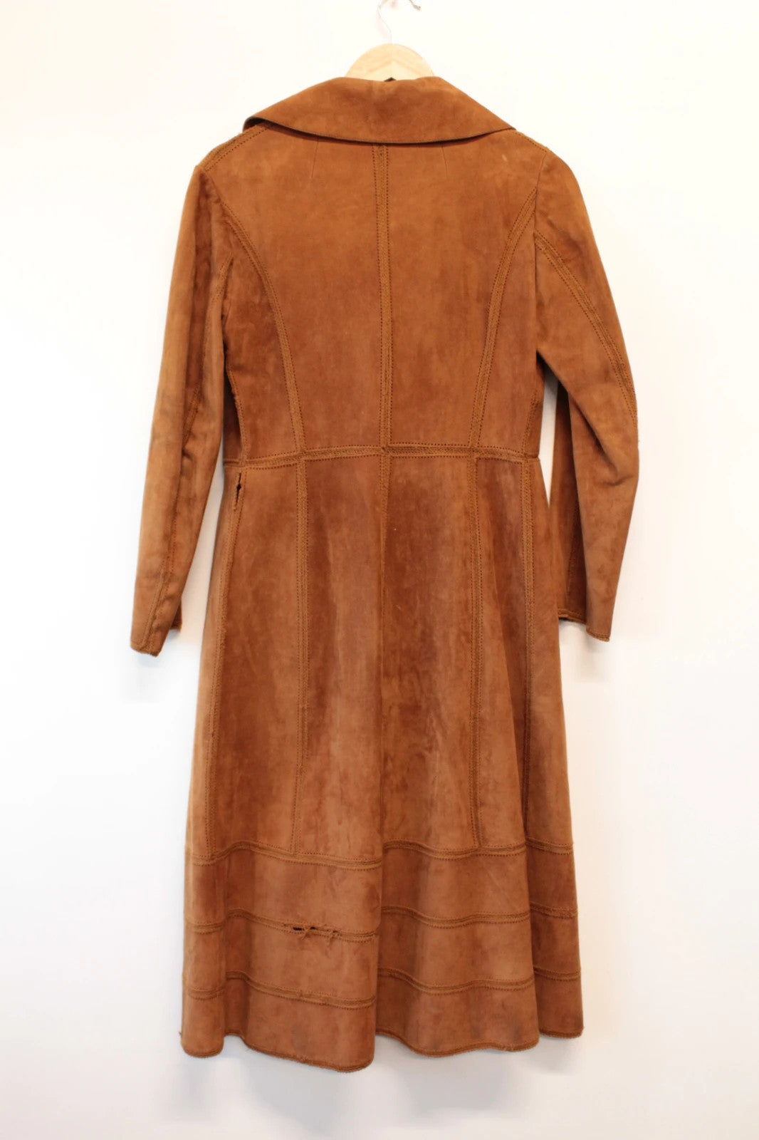 Suede tan brown trench coat with full-length design and premium satin lining.
