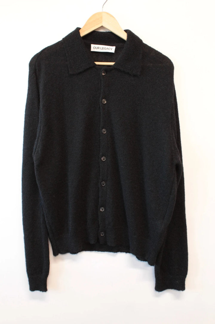 Our Legacy black mohair cardigan with classic collar and tonal buttons.