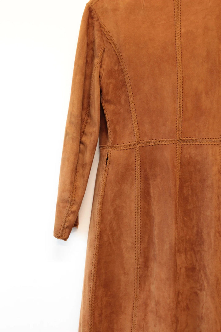 Suede tan brown trench coat with full-length design and premium satin lining.