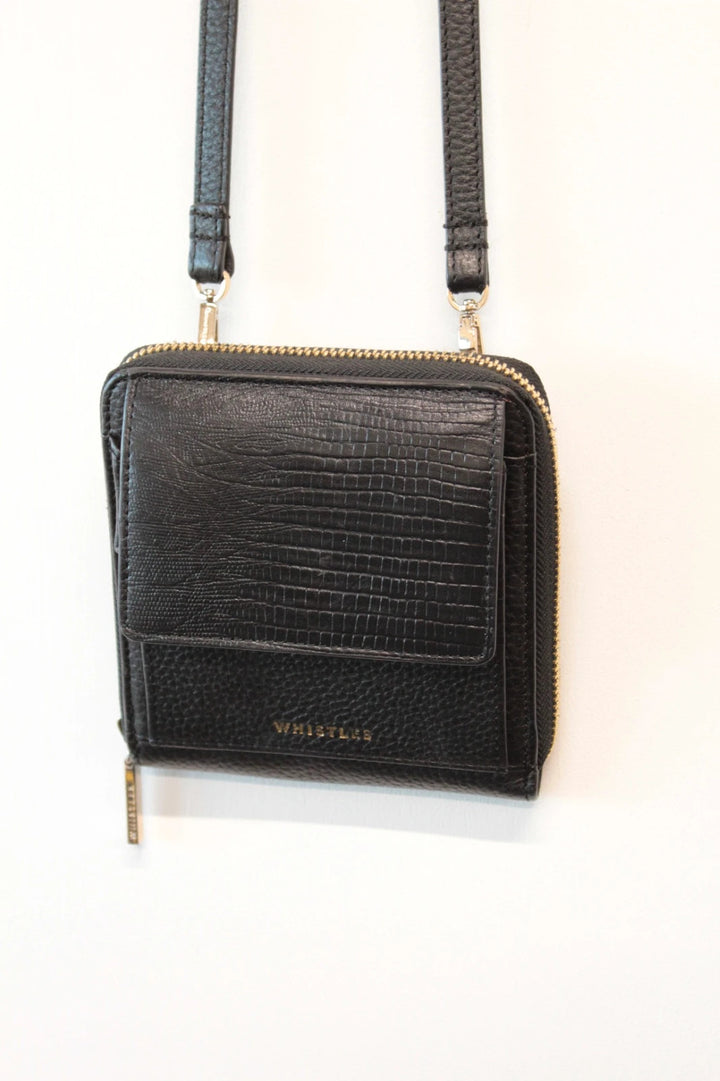 Whistles black lizard effect leather crossbody bag with gold-tone logo and zip hardware.