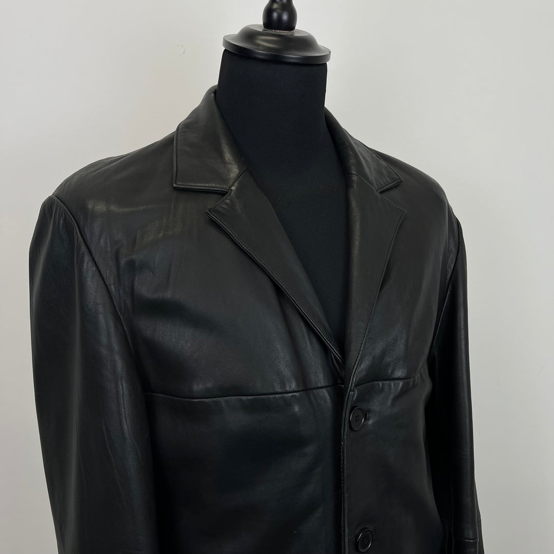 Premium Black Real Leather Overcoat - M