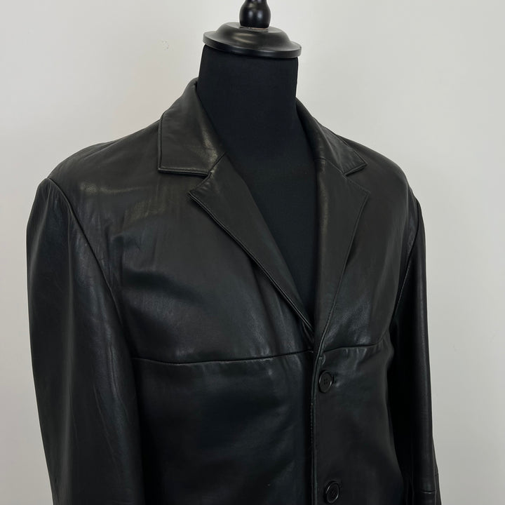 Premium Black Real Leather Overcoat - M