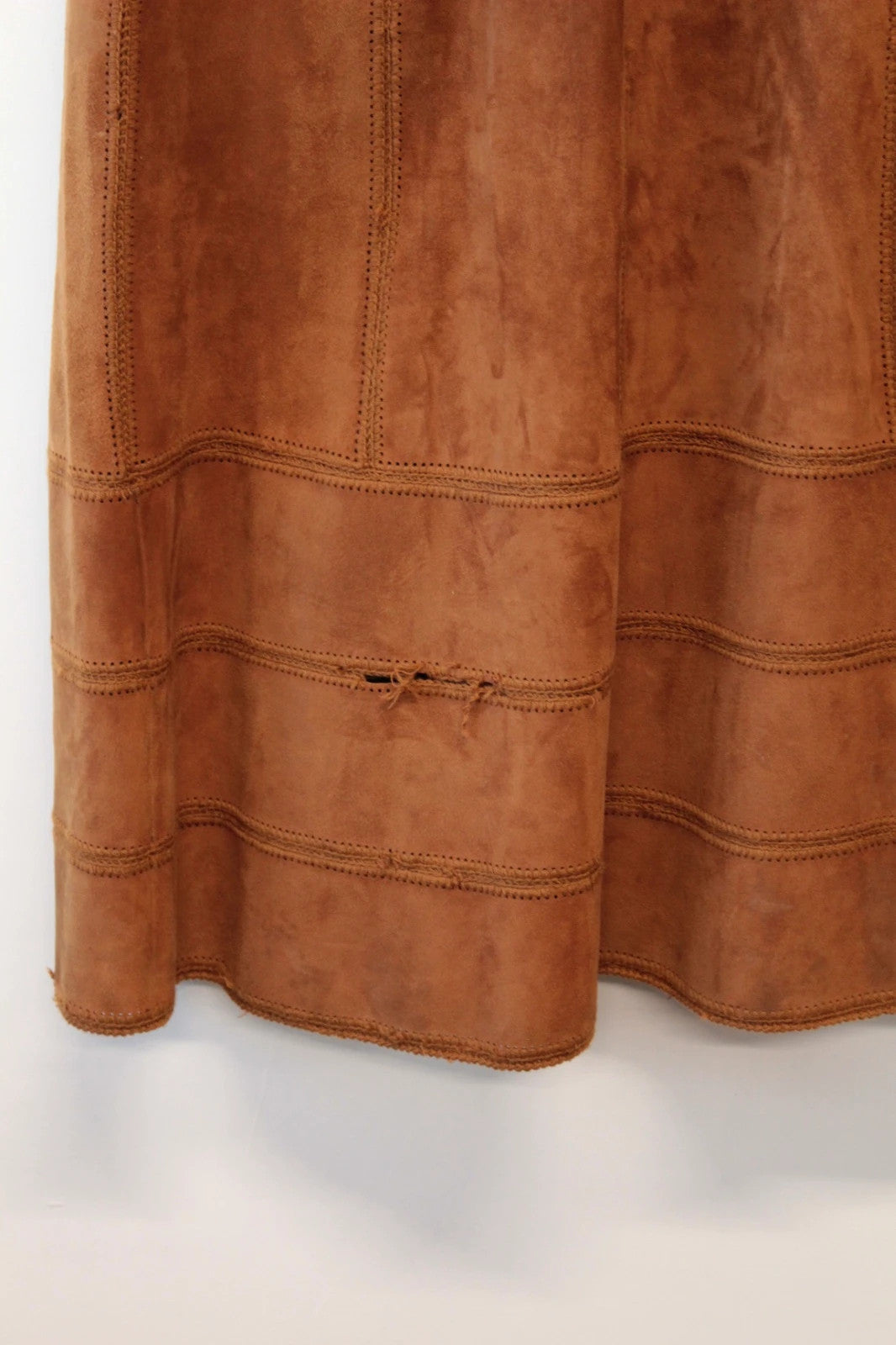 Suede tan brown trench coat with full-length design and premium satin lining.