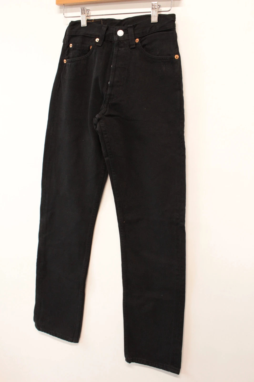 Levi's black straight jeans 501 original button fly, heavyweight rigid denim, pristine condition.