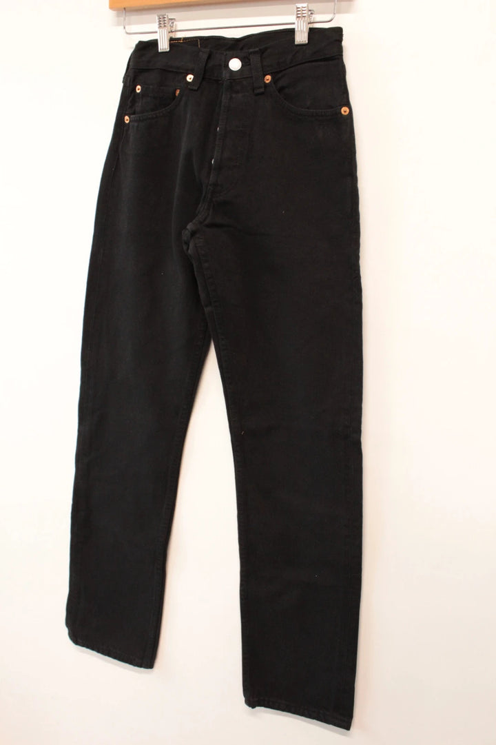 Levi's black straight jeans 501 original button fly, heavyweight rigid denim, pristine condition.