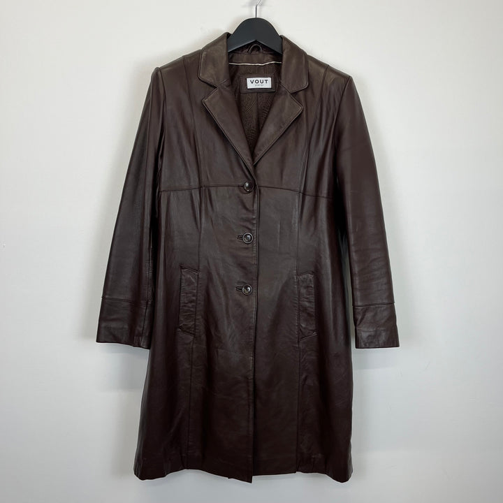Premium Chocolate Brown Leather Trench Coat - M