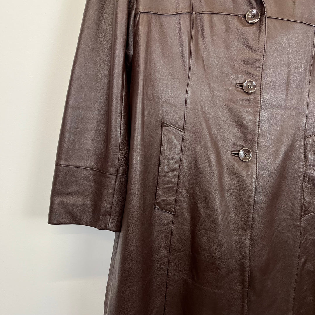Premium Chocolate Brown Leather Trench Coat - M