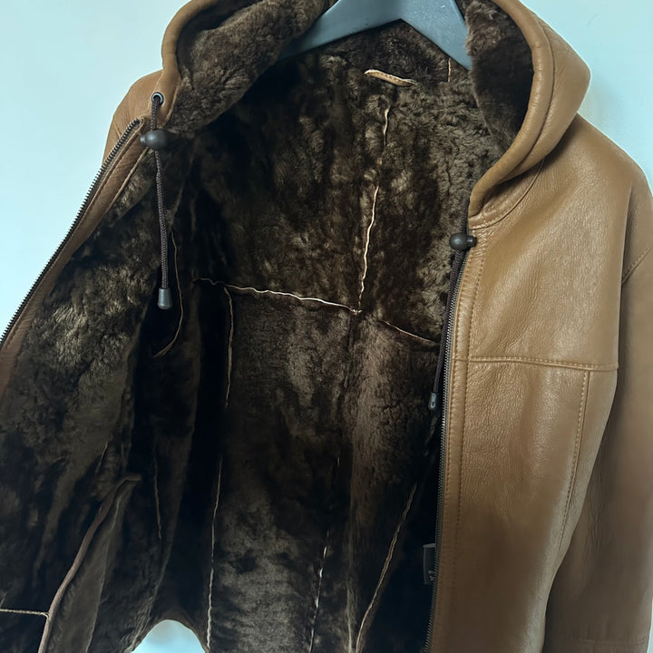 Tan Leather and Shearling Hooded Jacket - M