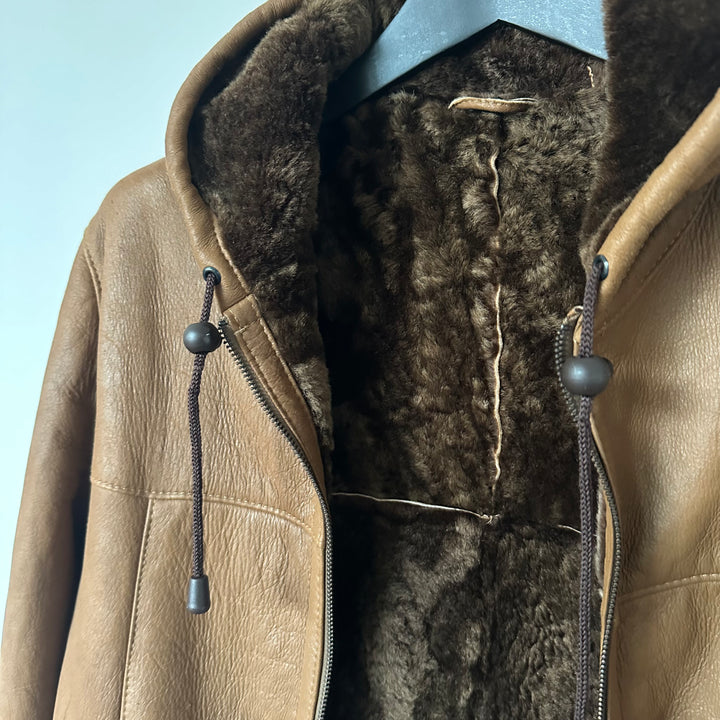 Tan Leather and Shearling Hooded Jacket - M