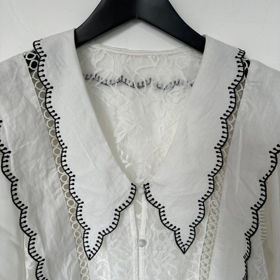 Vintage Boho Lace Cotton Blouse - Size M