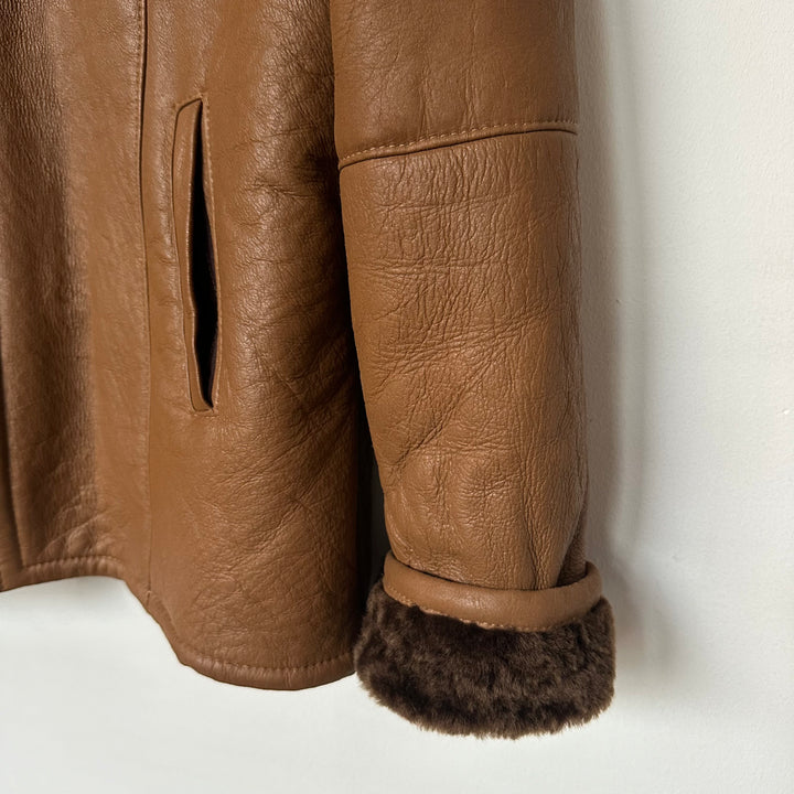 Tan Leather and Shearling Hooded Jacket - M