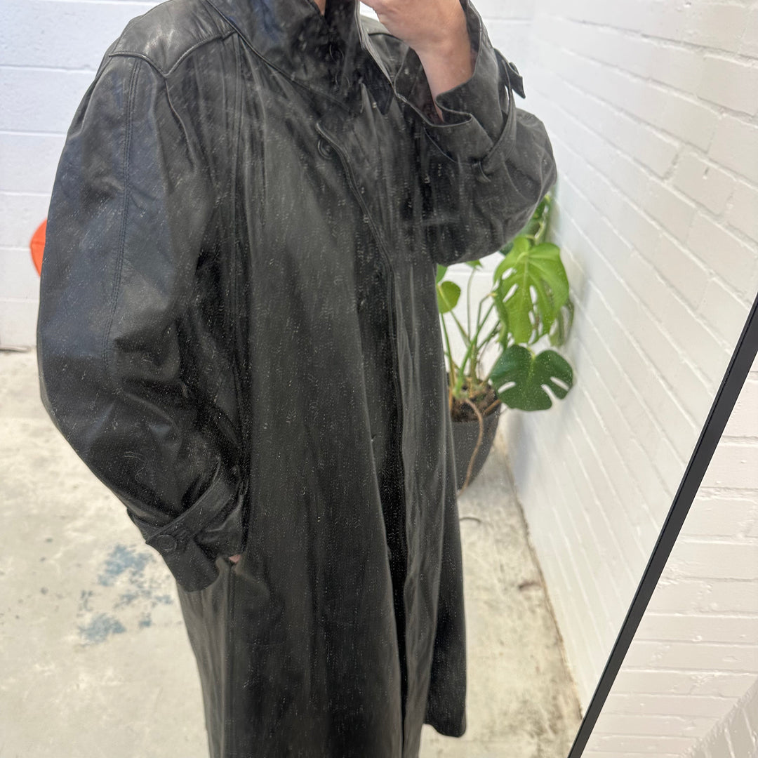 Premium black oversized leather duster - L