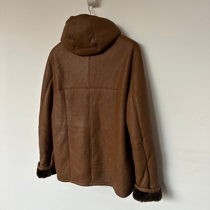 Tan Leather and Shearling Hooded Jacket - M