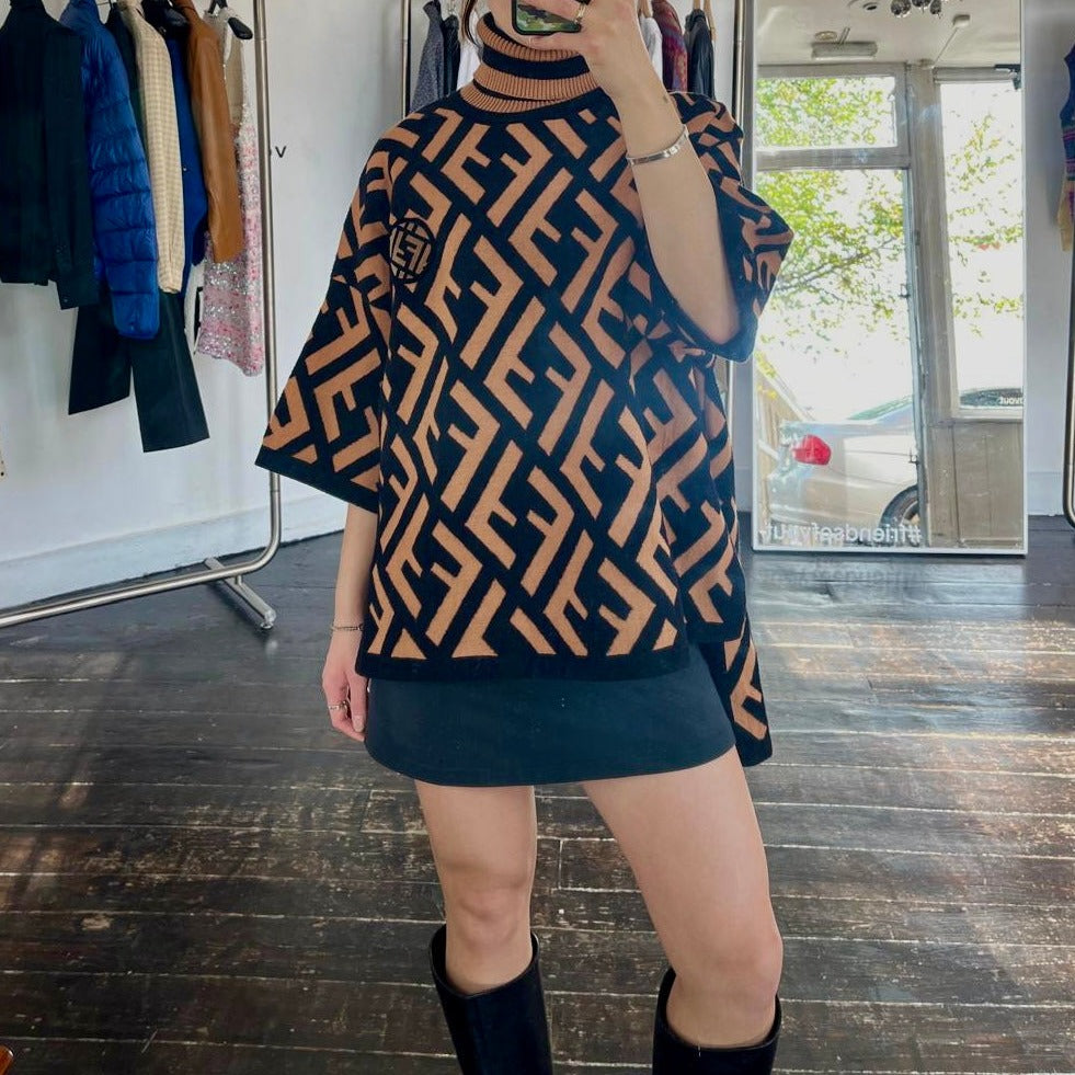 Fendi FF logo Brown knitted Wool poncho