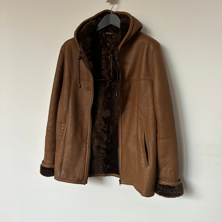 Tan Leather and Shearling Hooded Jacket - M