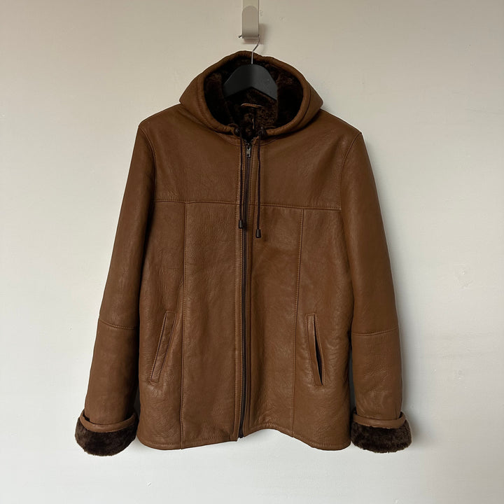 Tan Leather and Shearling Hooded Jacket - M